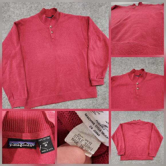 VTG 80s Patagonia Mens M Medium USA Heavy Cotton Knit Thick Polo Henley Sweater - Picture 1 of 16